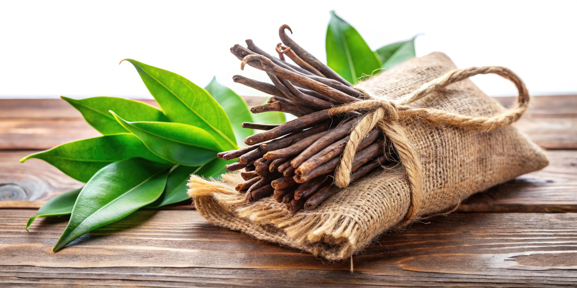 A bundle of whole vanilla beans tied in burlap with green leaves